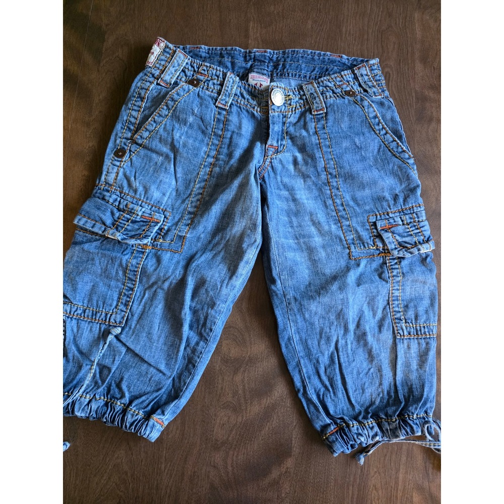 True Religion Denim Cargo Capri Pants Blue Orange Stitching Size 25 Low Rise Y2K